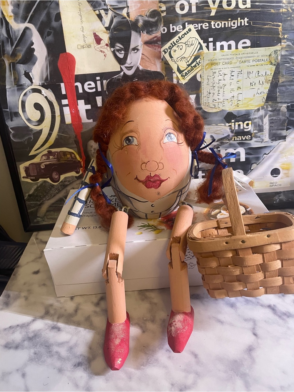 Handcrafted Wooden Rag Doll with Red Hair and Pink Shoes - Classic Toy